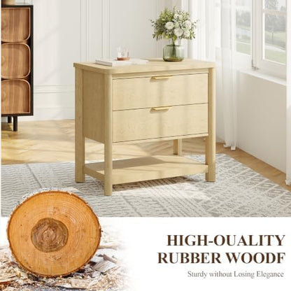 MALOL Night Stand Set of 2 with Open Storage Shelf, Natural Wood
