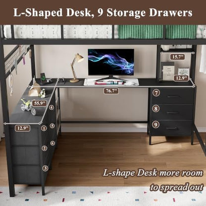 Full Size Loft Bed with Desk and 9 Storage Drawers, Black