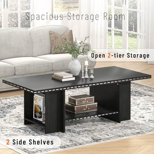 FOLUBAN Black Coffee Table with Storage Bottom Shelf & Side Shelves, Modern 2-Tier Living Room Center Table, Rectangular Wood Cocktail Tea Table for Home Office, 47 Inch