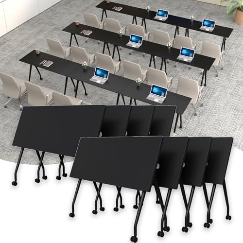 Folding Conference Table with Wheels, 8 Pack Modular Flip Top Conference Tables for Training Rooms, Mobile Modern Office Table, 47.2 Inch Large Conference Room Table, Black