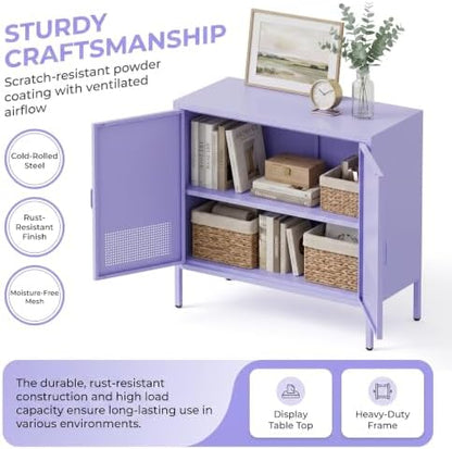 Purple Metal Storage Cabinet 2 Adjustable Shelves Ventilated Steel Cabinet Doors Multi-Functional Storage Cabinet Suitable for Hallway、 Living Room、 Kitchen and Office Storage
