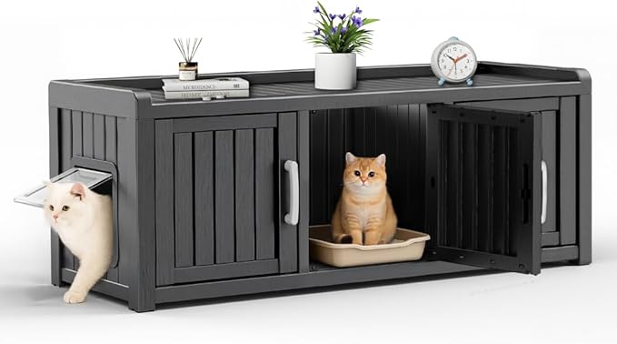 ROJIK Shoe Cabinet Waterproof UV-Resistant,Storage Bench Indoor Outdoor with Adjustable Shelves,for Entryway Bedroom,Hallway,Living Room(3 Door + Side Access,Black)