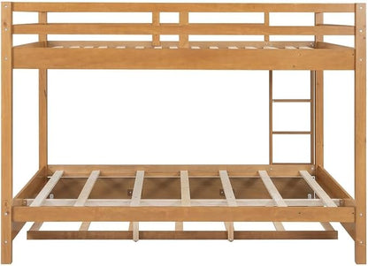 Merax Queen Size Bed with Trundle - Space-Saving Solid Wood Frame, Built-in Safety Rails and Ladderm, Wood