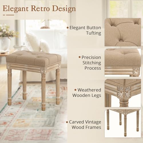 LUE BONA Upholstered Fabric Vanity Bench Seat, Makeup Stools for Vanity, Square Tufted Ottoman Bench with Carved Wood Color Legs for Bedroom Living Room, Wheat Color