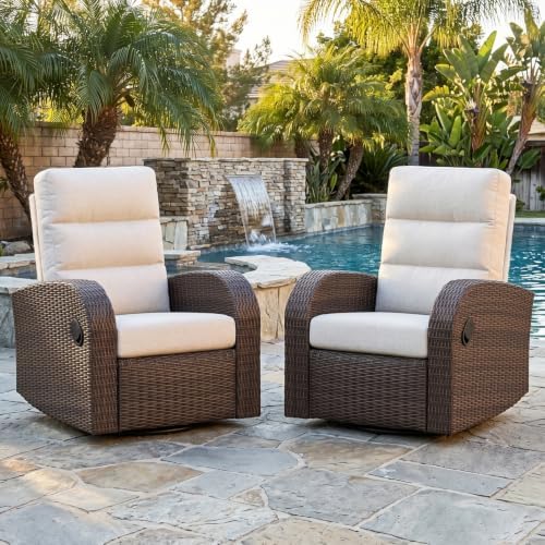 LayinSun Oversized Wicker Outdoor Swivel Glider Recliner with Adjustable Backrest & Footrest, Patio Reclining Lounge Chair - Set of 2
