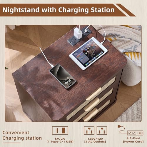 LEYAOYAO Rattan 23" Nightstands with Charger for Bedroom