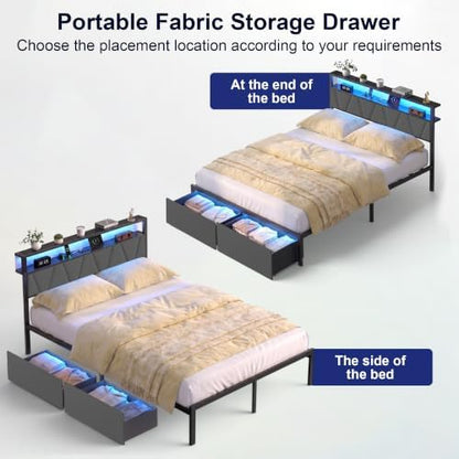 Queen Bed Frame with Storage Drawers & LED Lights, Metal Platform Bed with Charging Station and Upholstered Headboard, 2-Tier Storage Shelf, Noise Free, No Box Spring Needed