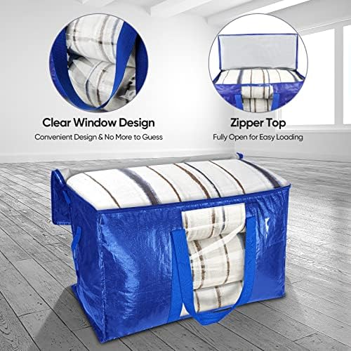 BALEINE 2-Pack Oversized Moving Bags with Reinforced Handles, Heavy-Duty Storage Tote Moving Supplies for Packaging, Camping (Blue w/Window, 2-Pack)