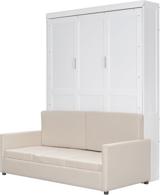MERITLINE Queen Murphy Bed with Sofa,Wood Vertical Folding Murphy Wall Bed Cabinet with Couch,for Adults Guest Rooms,Offices,Apartments (White)