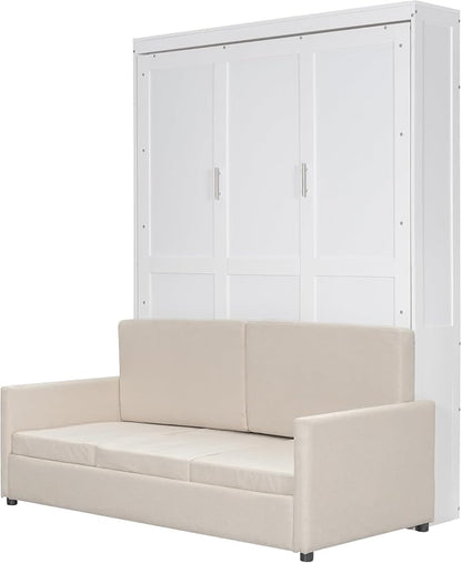 MERITLINE Queen Murphy Bed with Sofa,Wood Vertical Folding Murphy Wall Bed Cabinet with Couch,for Adults Guest Rooms,Offices,Apartments (White)