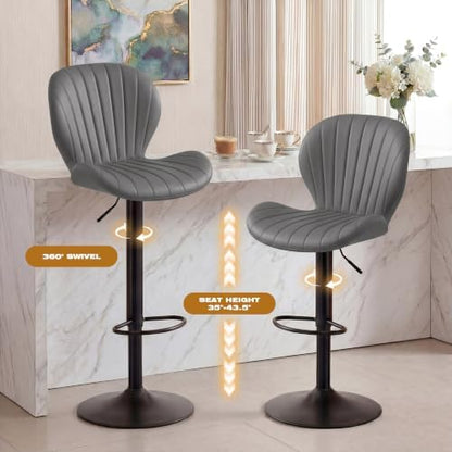 Bar Stools Set of 4, Modern Swivel Adjustable Bar Chairs, Faux Leather Upholstered Counter Height Bar Stools with Backrest, Comfort Barstools for Kitchen Island, Home Bar, Light Gray