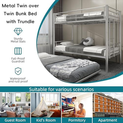 Twin Over Twin Bunk Bed with Trundle, 3-in-1 Metal Triple Bunk Bed Frame Converts into 3 Separate Twin Beds, Heavy-Duty Space-Saving Bunk Bed with Full-Length Guardrail, Ladder, No Box Spring Needed