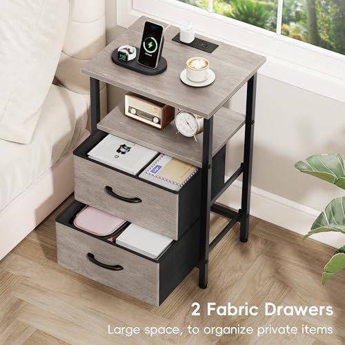 Vagusicc Nightstand with Charging Station, Side Table with 2 Fabric Drawers, Bedside Table with Open Shelf, 24.2" Tall End Table with USB Ports and Outlets, Night Stand for Bedroom, Greige