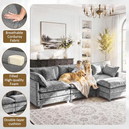 LEVELEVE 112" L-Shape Modular Sofa with 1 Ottomans, Deep Seat Cloud Convertible Sleeper, 3 Throw 2 Arm Pillows, Cozy Upholstered Furniture for Living Room Apartment, Dark Grey