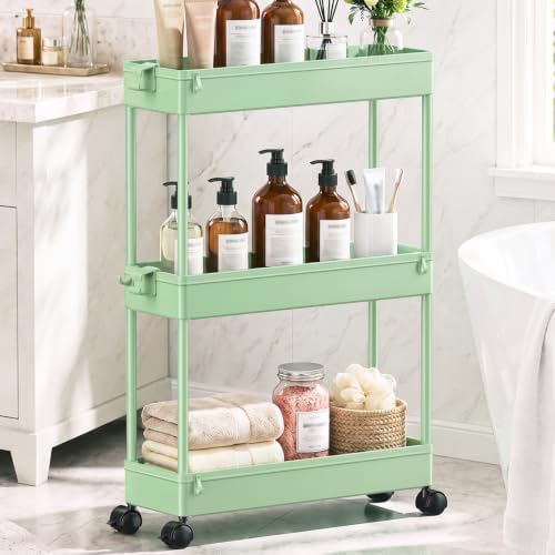 SPACEKEEPER Slim Rolling Storage Cart, 3 Tier Bathroom Cart Organizer,Green