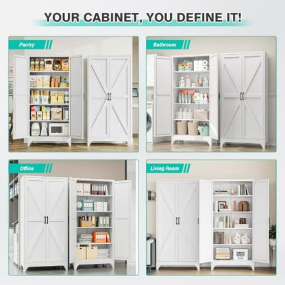 SISESOL 72" Tall Pantry Cabinet,Wide & Deep Farmhouse Kitchen Pantry Storage Cabinets with 2 Doors and 5 Shelves,White Metal Storage Cabinet,Large Cupboard for Home,Kitchen,Dining/Living Room