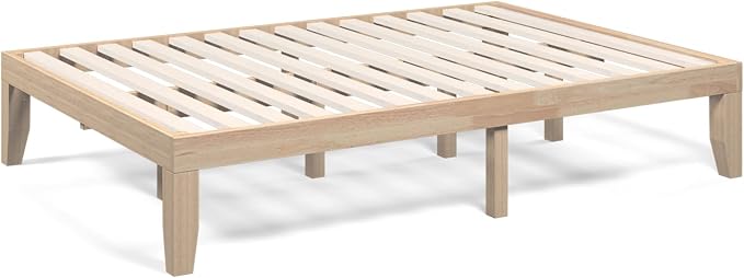 COSTWAY Full Size Wood Platform Bed Frame, 14 Inches Solid Rubber Wood Bed Mattress Foundation with Sturdy Slats Support, Easy Assembly Bed Frame for Home Hotel, No Box Spring Needed (Natural, Full)