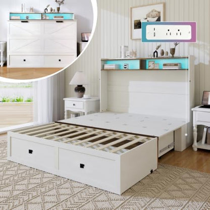 Vipbear Queen Murphy Bed Cabinet with LED Lights & Charging Station