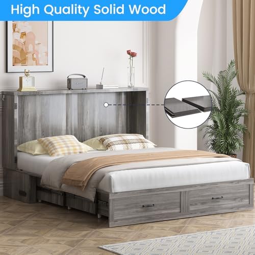 PUREMIND Queen Size Murphy Bed with Mattress, Wood Frame Cabinet Beds with Charging Station & Storage Drawers, Space Saving Hidden Cabinet Bed for Guest Room, Home Office, Apartment, Grey