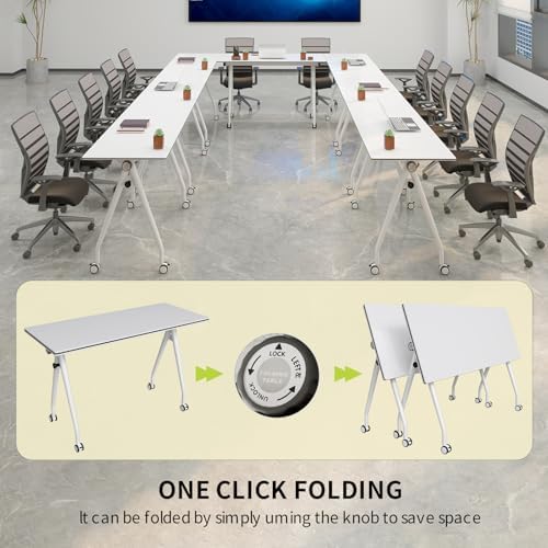 Folding Conference Table with Wheels, 2 Pack Modular Flip Top Conference Tables for Training Rooms, Mobile Modern Office Table, 63 Inch Large Conference Room Table, White