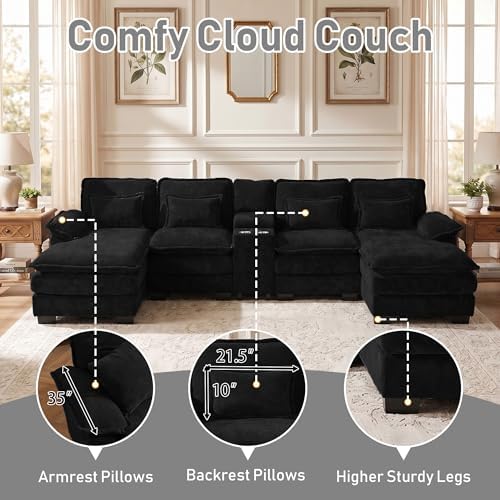 ONEMMLION 133" U Shaped Sectional Cloud Couch with USB & Cup Holder,Black