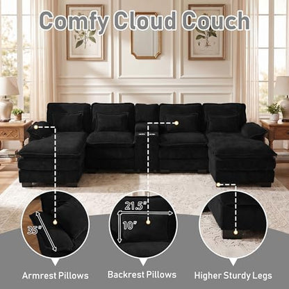 ONEMMLION 133" U Shaped Sectional Cloud Couch with USB & Cup Holder,Black