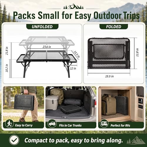 2.5 FT Picnic Table with 2 Wing Panels, Mesh Metal Folding Grill Table Height Adjustable & Lightweight & Portable Table for Outdoor Indoor Camping, Picnic, Beach and BBQ, RV