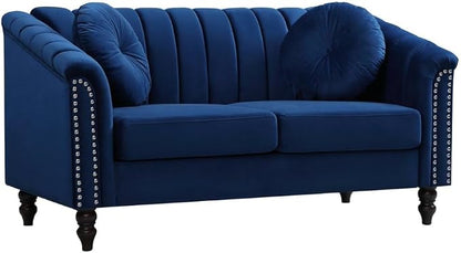 60" Loveseat Sofa, Microfiber Chesterfield Upholstered Sofas Love Seat, Couch Chair Sets with Style Button Tufted, Scroll Arms and Nailhead for Living Room, Office, Blue