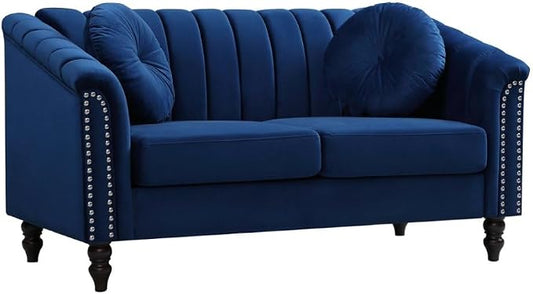 60" Loveseat Sofa, Microfiber Chesterfield Upholstered Sofas Love Seat, Couch Chair Sets with Style Button Tufted, Scroll Arms and Nailhead for Living Room, Office, Blue