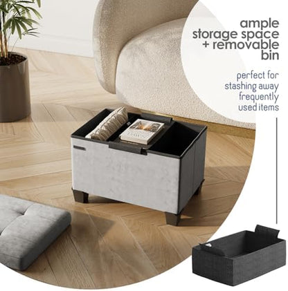 Storage Ottoman Cube with Small Bin, 16-in Square Ottoman with Storage for Living Room and Bedroom, Small Ottomans Foot Rest, Velvet Foot Stools Ottomans Max 330lbs, Light Grey