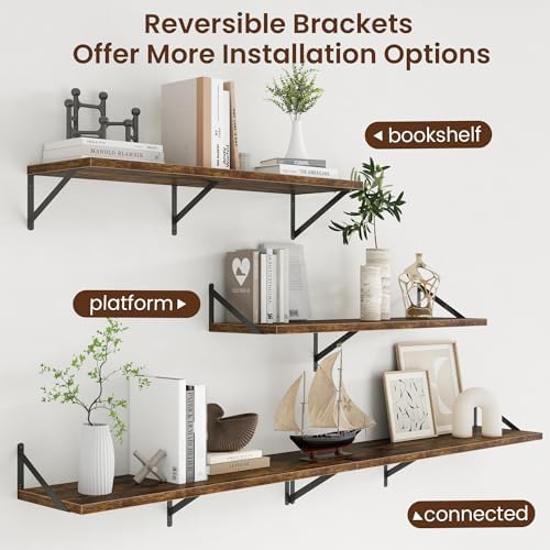 Deep Floating Shelves - 40 Inch Floating Shelves Set of 2-12 Inch Deep Brown Wood Wall Shelves for Living Room Bathroom Kitchen