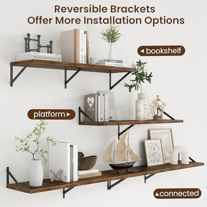 Deep Floating Shelves - 40 Inch Floating Shelves Set of 2-12 Inch Deep Brown Wood Wall Shelves for Living Room Bathroom Kitchen
