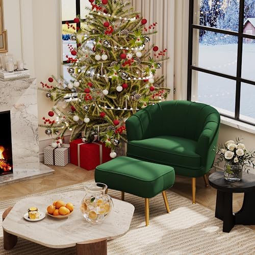 Andeworld Velvet Accent Chair with Ottoman, Barrel Armchair, Green