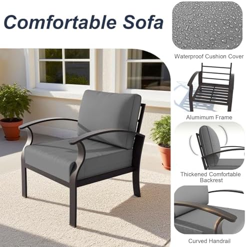 ALAULM Aluminum 2-Seat Patio Furniture Set, Metal Outdoor Furniture Sectional Sofas w/5.1" Cushions for Patio, Backyard, Poolside-Grey