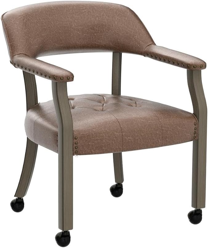 LEEMTORIG Set of 4 Dining Chairs with Casters and Arms, Rolling Dining Chairs with Wheels for Elderly, Ergonomic Wide Seat Wood Office Chairs, 26"Dx25.2"W, Grey Legs&Yellowish Brown Fabric SY-1318-LT