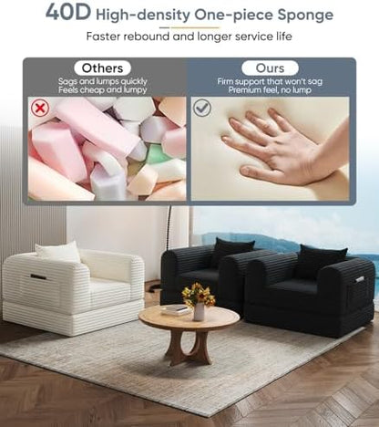 Versatile 2 in 1 Boneless Armchair Chaise Lounge Chair Indoor, Convertible Sleeper Chairs Couch Folding Sofa Bed Oversized Comfy Futon Floor Sofa BeanBag for Reading Nook Living Room Bedroom