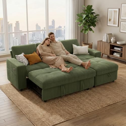 WEUP Plush Corduroy 81" Sectional Sofa with Pull Out Bed, 3 Seat Sleeper Sofa with Storage, Adjustable Backrest, USB Ports, Tool-Free Assembly, Sectional Couches for Living Room, Green