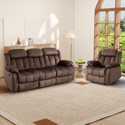INZOY Manual Reclining Sofa Set, Modern 3 Reclining Sofa Couch for Living Room Furniture, Included Manual Single Recliner Chair and Wall-Hugger 3 Seat Recliner Sofa Coach, Brown, 1+3