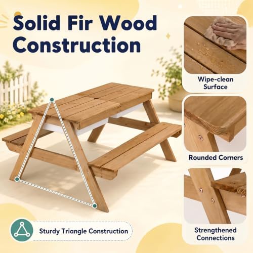 HONEY JOY Kids Picnic Table, 4 in 1 Cedar Wooden Sand & Water Table w/ 3 Removable Box & Umbrella, Kids Picnic Tables for Outdoors Backyard Garden, Toddler Patio Furniture Set for Boys Girls(Navy)