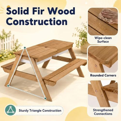 HONEY JOY Kids Picnic Table, 4 in 1 Cedar Wooden Sand & Water Table w/ 3 Removable Box & Umbrella, Kids Picnic Tables for Outdoors Backyard Garden, Toddler Patio Furniture Set for Boys Girls(Navy)