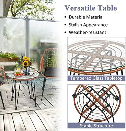 Tangkula 3 Pieces Patio Conversation Bistro Set, Outdoor Wicker Furniture w/Round Tempered Glass Top Table & 2 Rattan Armchairs, Bistro Chat Set w/Seat Cushions for Porch, Backyard, Garden