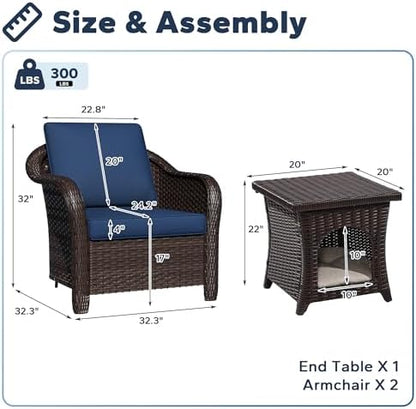 3 Piece Patio Furniture Set, Wicker Outdoor Conversation Set