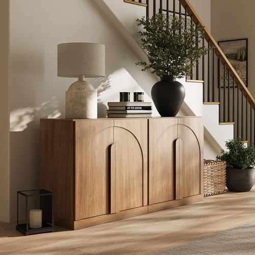 BELLEZE 2 Tier Bookshelf with Arched Wood Door, Set of 2 Modern Display Bookcase Shelf with Storage and Adjustable Shelves, 63" Wood Bookshelves for Living Room Office Entryway (Camel)