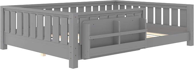 Bellemave Gray Montessori Floor Bed with Fence and Slats, Full Size Montessori Floor Bed with Bookcase and High Rails, Easy Assemble Bed Frame for Girls, Boys, Full