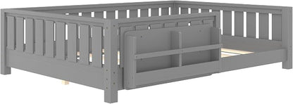 Bellemave Gray Montessori Floor Bed with Fence and Slats, Full Size Montessori Floor Bed with Bookcase and High Rails, Easy Assemble Bed Frame for Girls, Boys, Full
