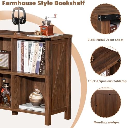 Joaxswe 8 Cube Book Shelf, Farmhouse Wood Long Storage Organizer Bookcase, 62" Horizontal Brown Walnut Console Closet Bookshelf, Hallway TV Stand for Entryway, Display Cabinet Book Case for Office