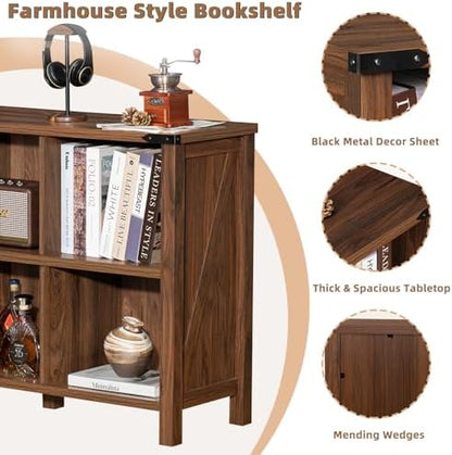 Joaxswe 8 Cube Book Shelf, Farmhouse Wood Long Storage Organizer Bookcase, 62" Horizontal Brown Walnut Console Closet Bookshelf, Hallway TV Stand for Entryway, Display Cabinet Book Case for Office