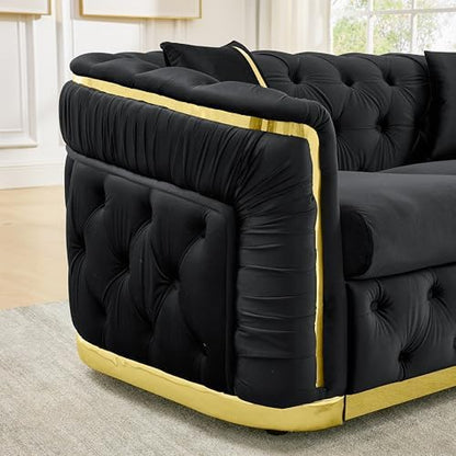 3-Piece Luxury Chesterfield Sofa Set with 1 Oversized Velvet 3-Seater Sofa & 1 Loveseat & 1 Single Sofa, 6-Seater Couch Set with 6 Pillow and Gold Stainless Decoration, for Living Room, Black