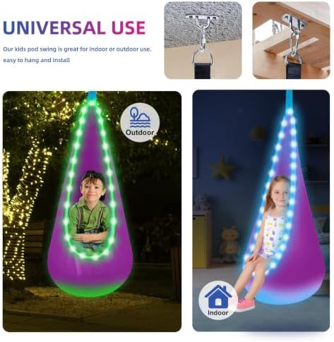Light Up Kids Pod Swing, Indoor Outdoor Hammock Seat w/ LED Lights, Purple