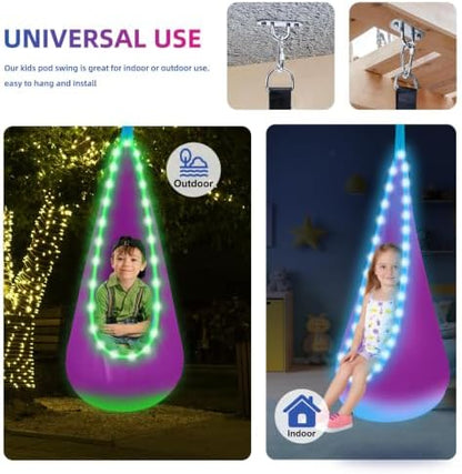 Light Up Kids Pod Swing, Indoor Outdoor Hammock Seat w/ LED Lights, Purple
